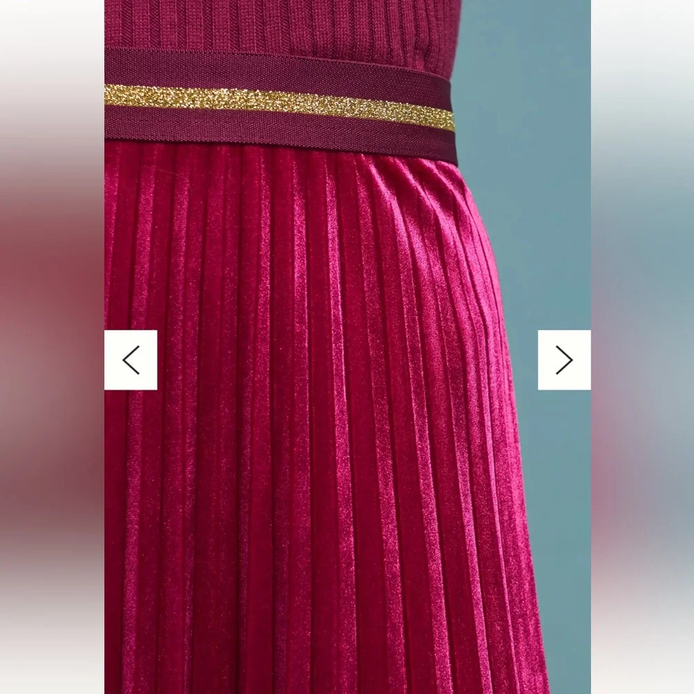 NWOT Anthropologie Maeve Pleated Velvet Fuschia Pink Gold Holiday MIDI Skirt S - Picture 4 of 6